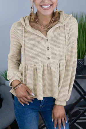 Waffle Knit Buttons Ruffled Hooded Top