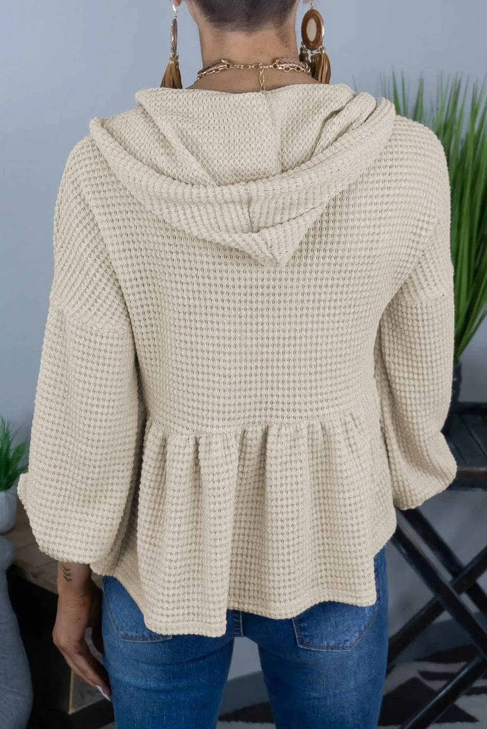 Waffle Knit Buttons Ruffled Hooded Top