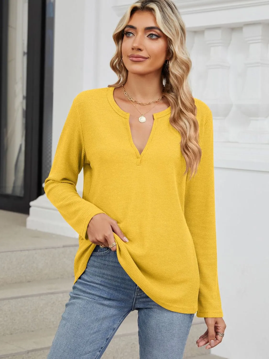 Waffle-Knit Long Sleeve T-Shirt