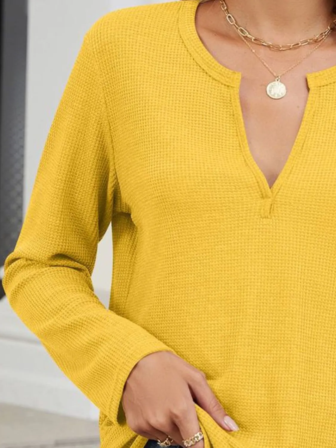 Waffle-Knit Long Sleeve T-Shirt