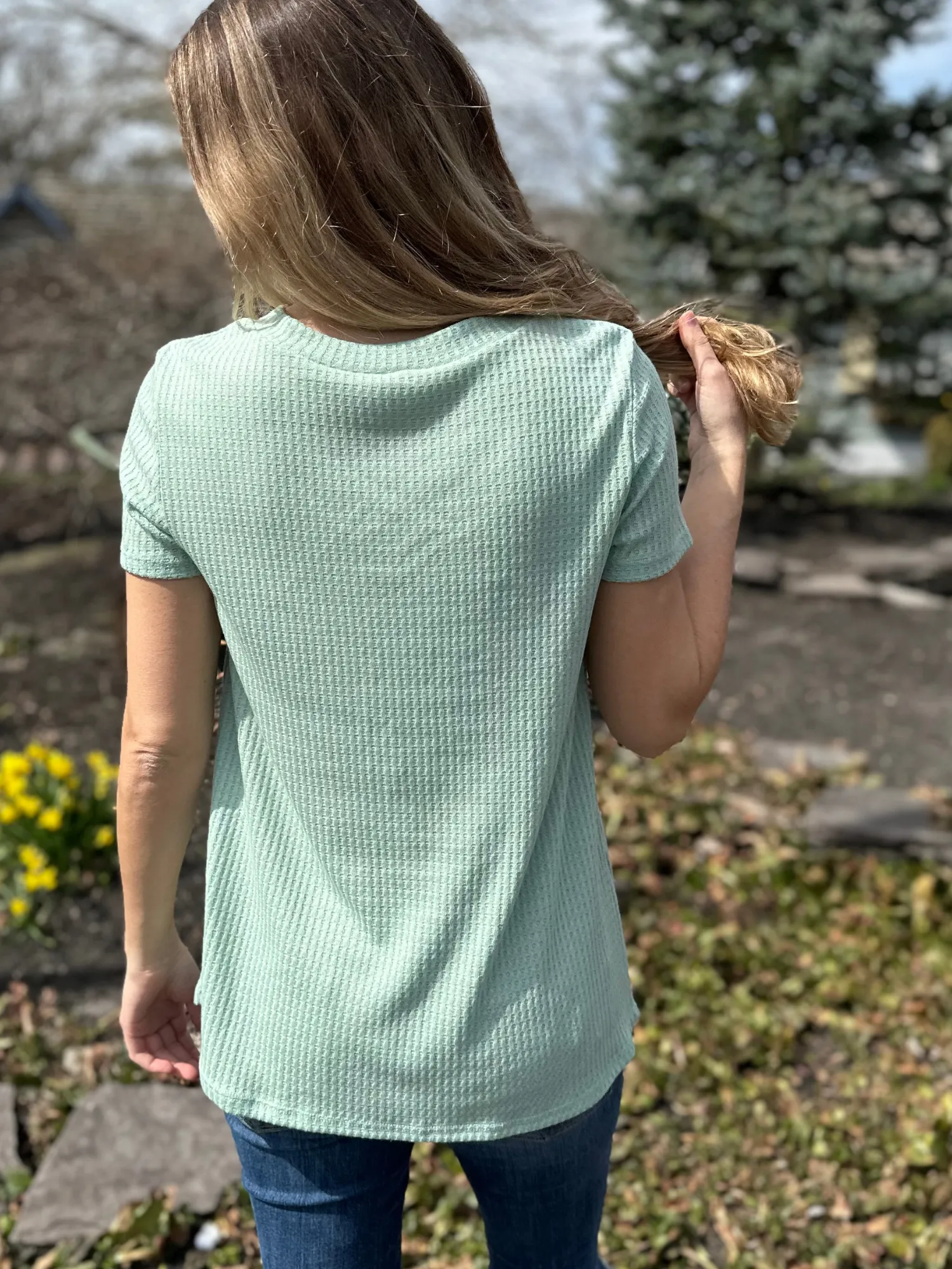 Waffle Knit Pocket Top in Sage