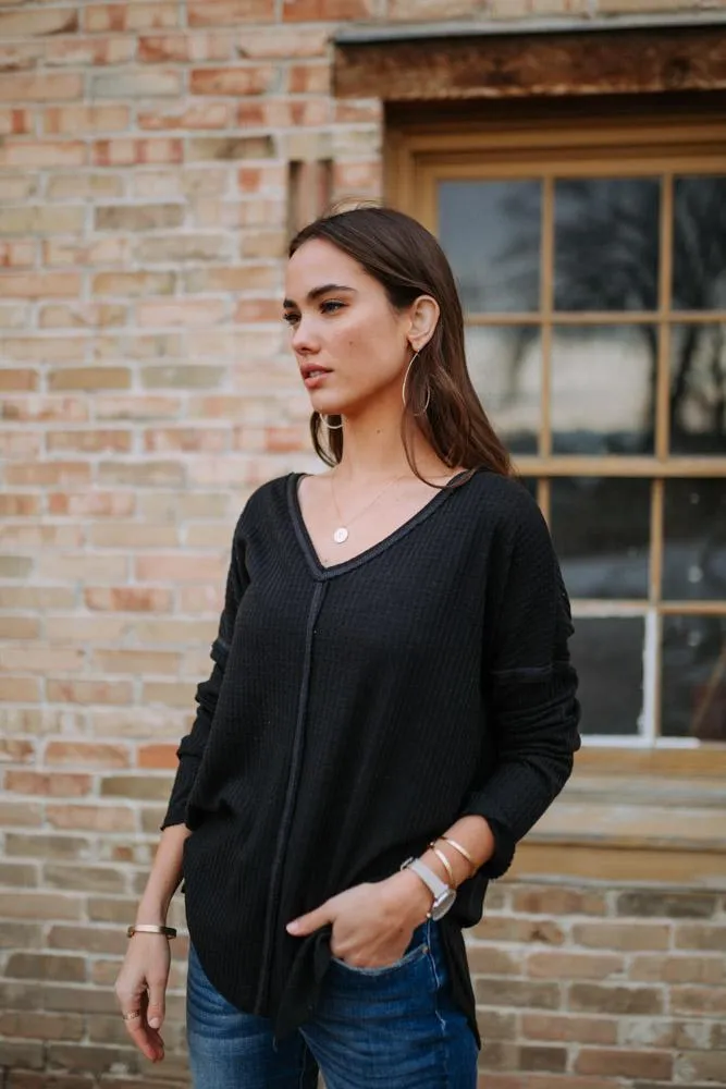 Waffle Knit Top in Black