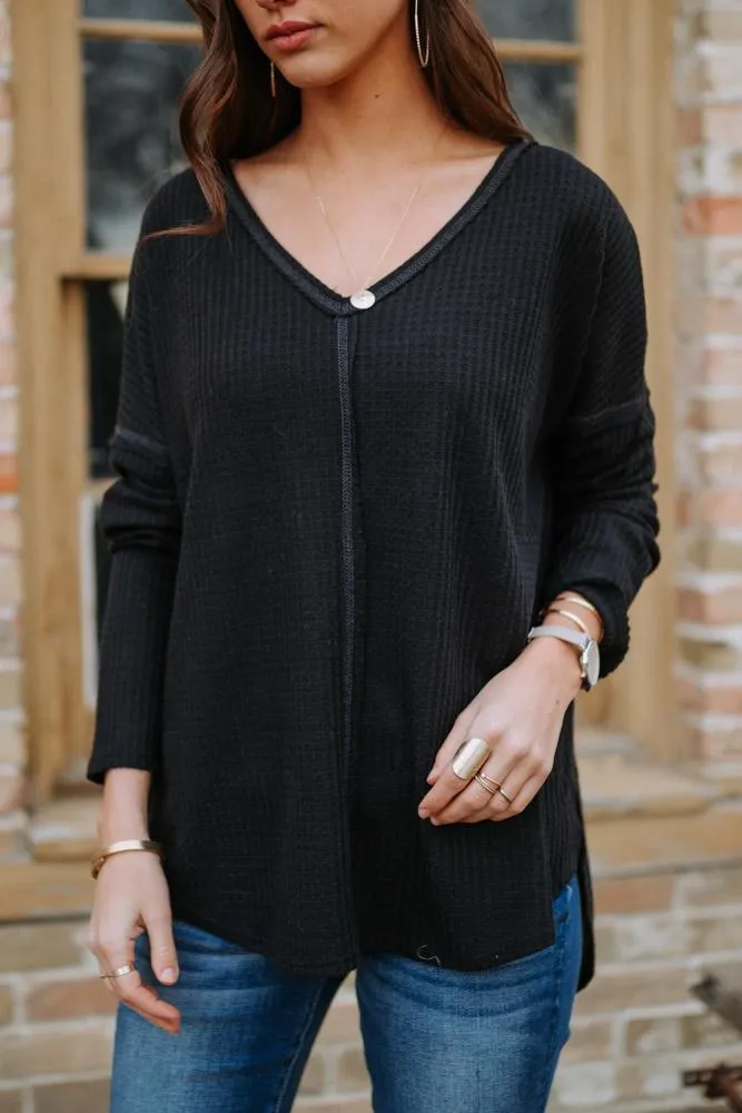 Waffle Knit Top in Black