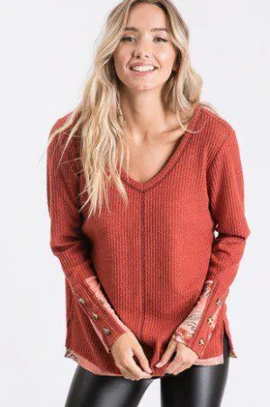 Waffle Knit Top wIth Floral Detail