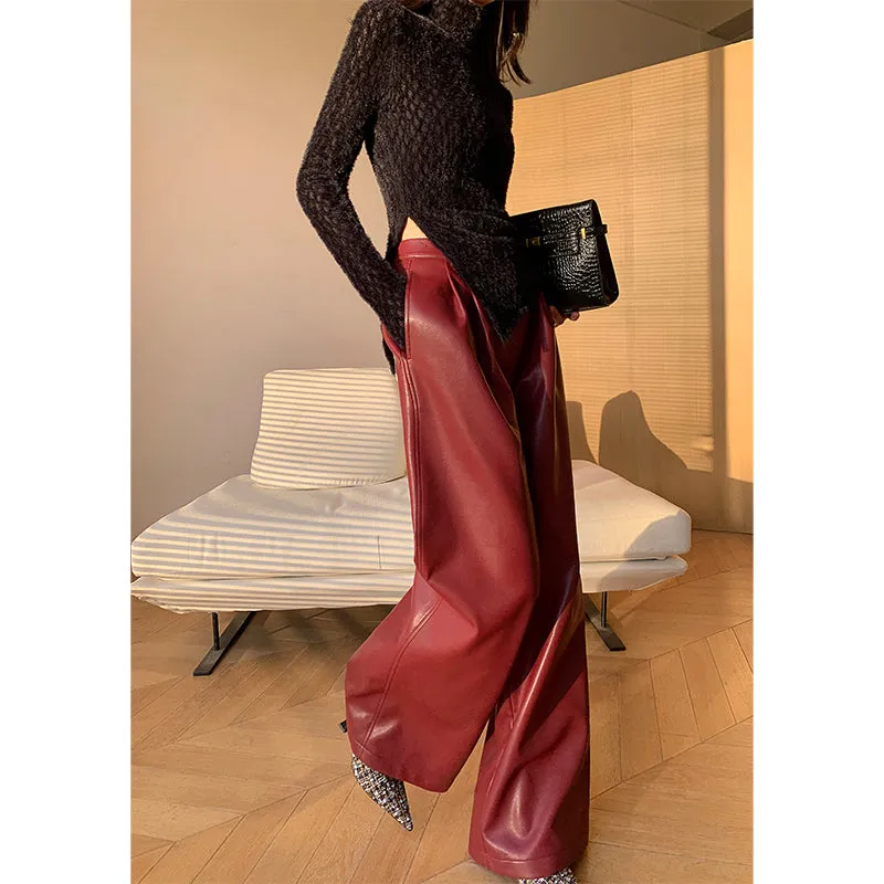 WANXO red retro vegan leather pants new high waist wide leg pants casual straight mopping trousers- Liliana
