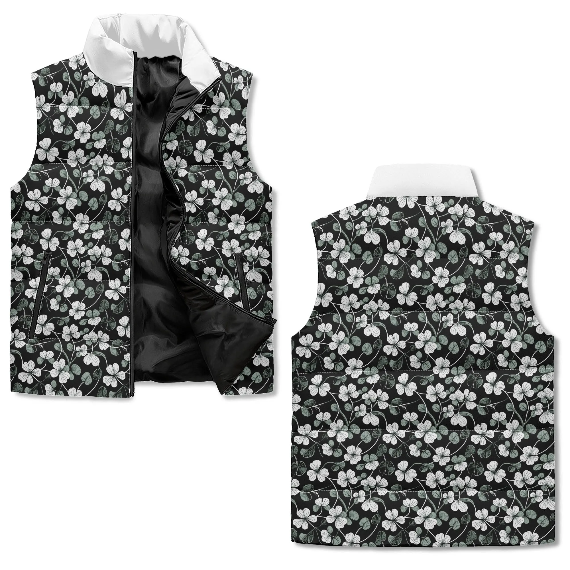 White and Green Clover Unisex Lightweight Stand Collar Zip Up Puffer Vest