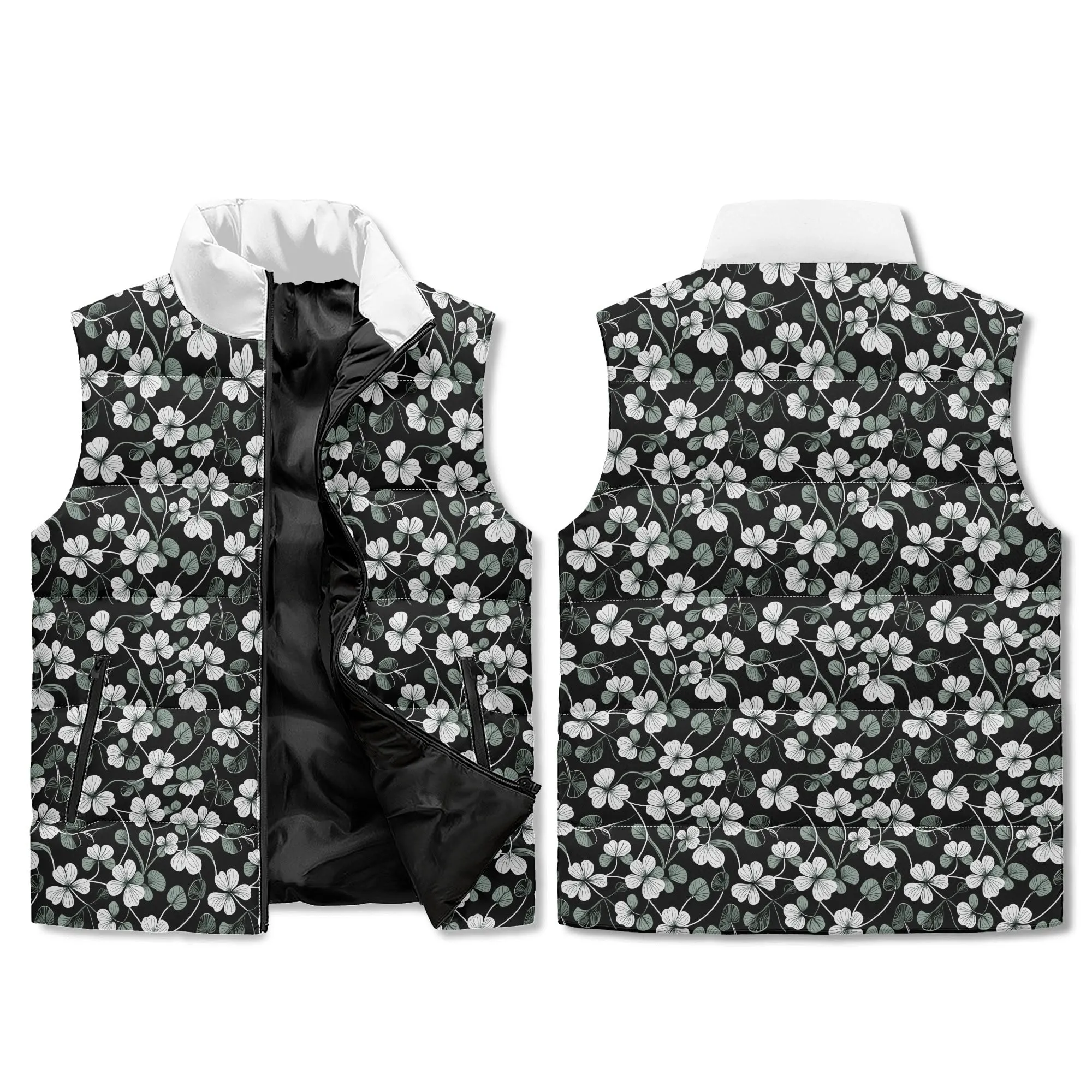 White and Green Clover Unisex Lightweight Stand Collar Zip Up Puffer Vest
