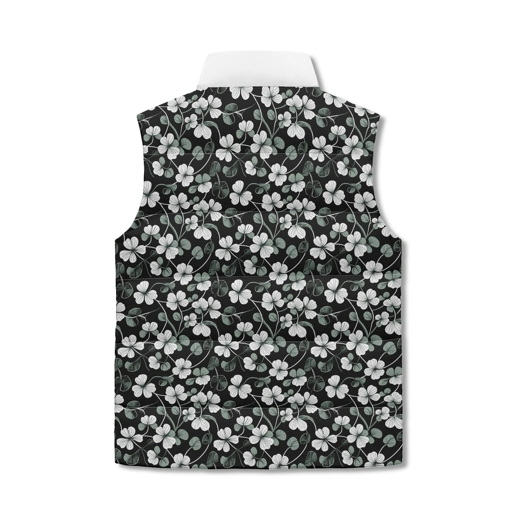 White and Green Clover Unisex Lightweight Stand Collar Zip Up Puffer Vest