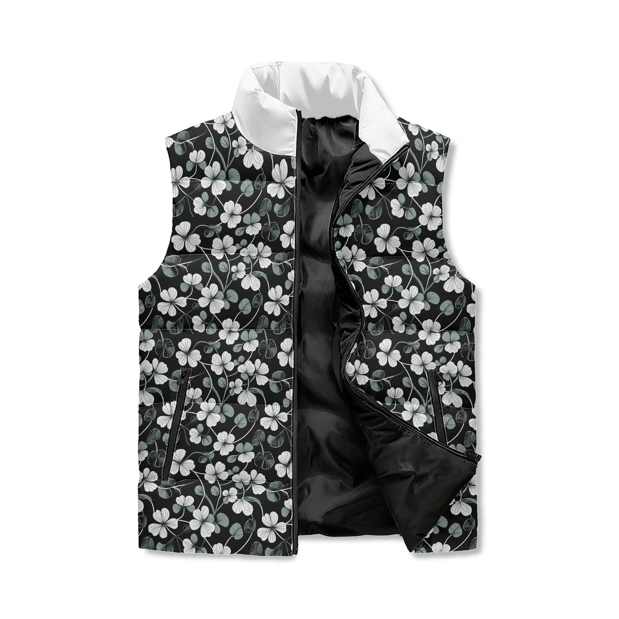 White and Green Clover Unisex Lightweight Stand Collar Zip Up Puffer Vest