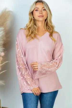 White Birch Lace Sleeve Solid Top - Mauve