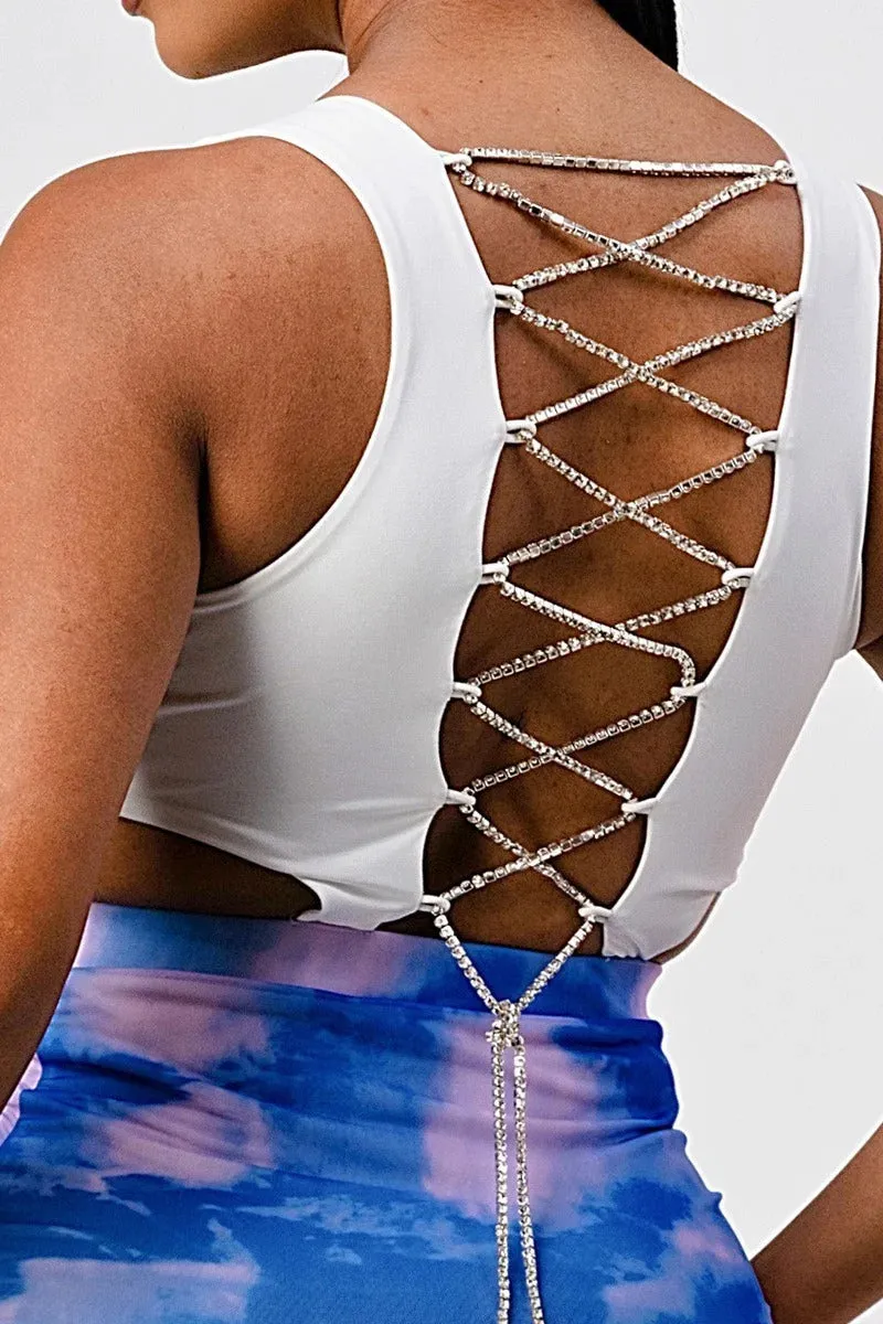 White Blue Pink Sleeveless Top Open Back With Bodycon Tie Dye Ruched Mini Dress