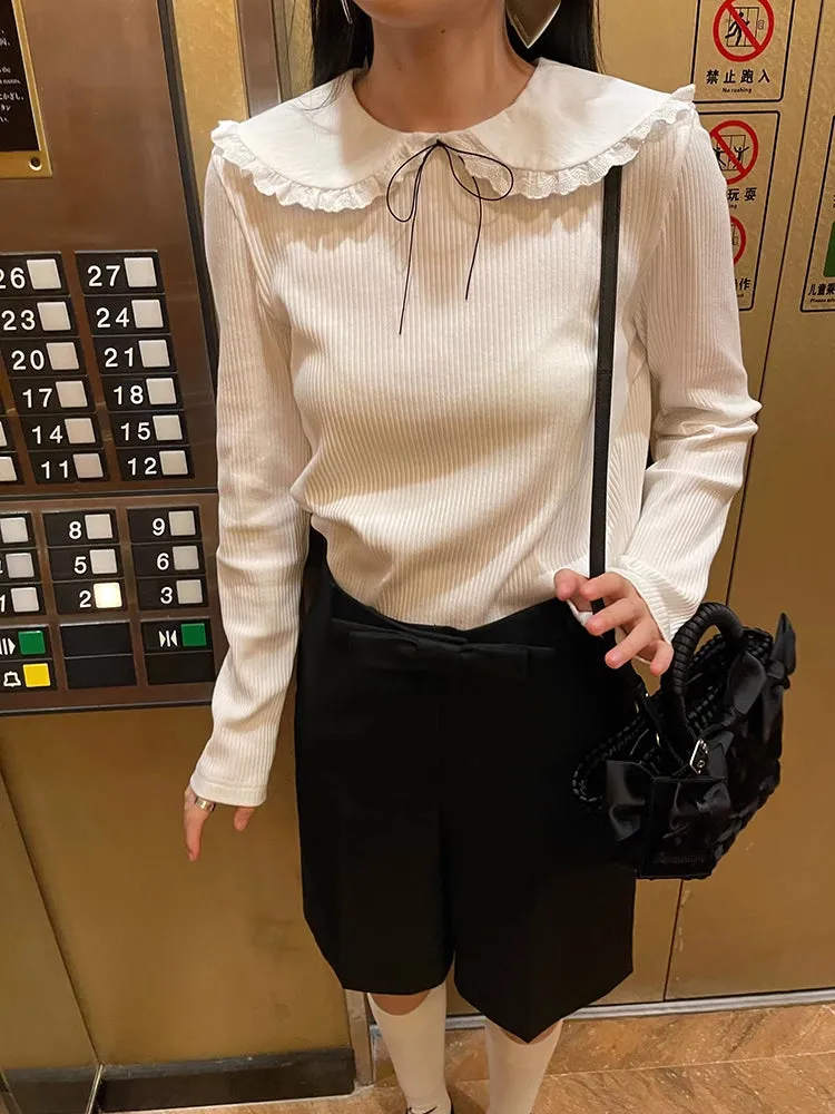 White lace doll collar knit top【s0000006516】
