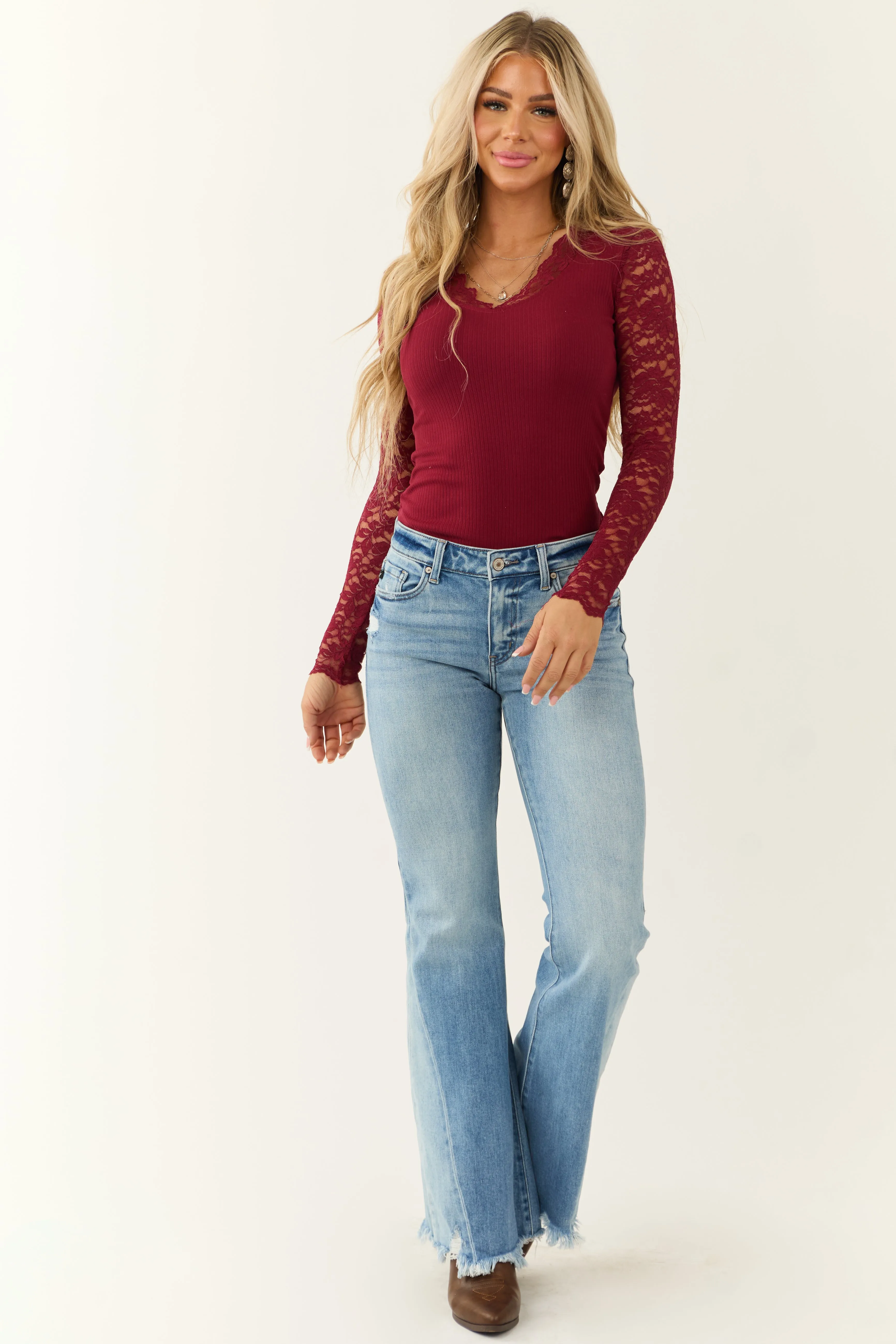 Wine Floral Lace Trim Long Sleeve Knit Top