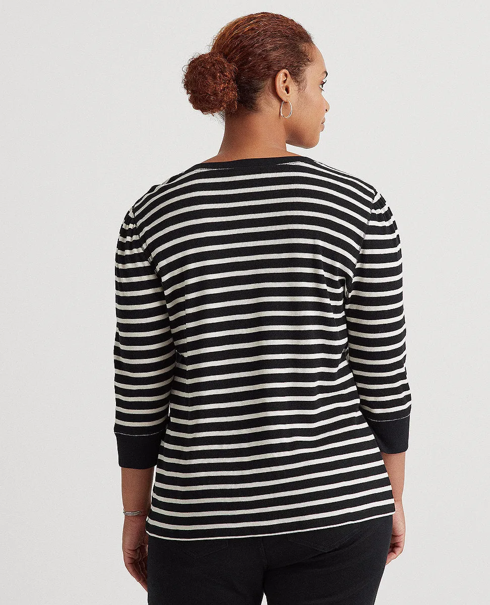 Woman Striped Lace-Up Waffle-Knit Top In Black/Cream