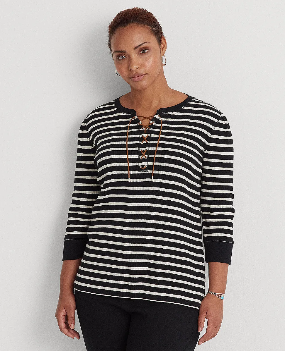 Woman Striped Lace-Up Waffle-Knit Top In Black/Cream