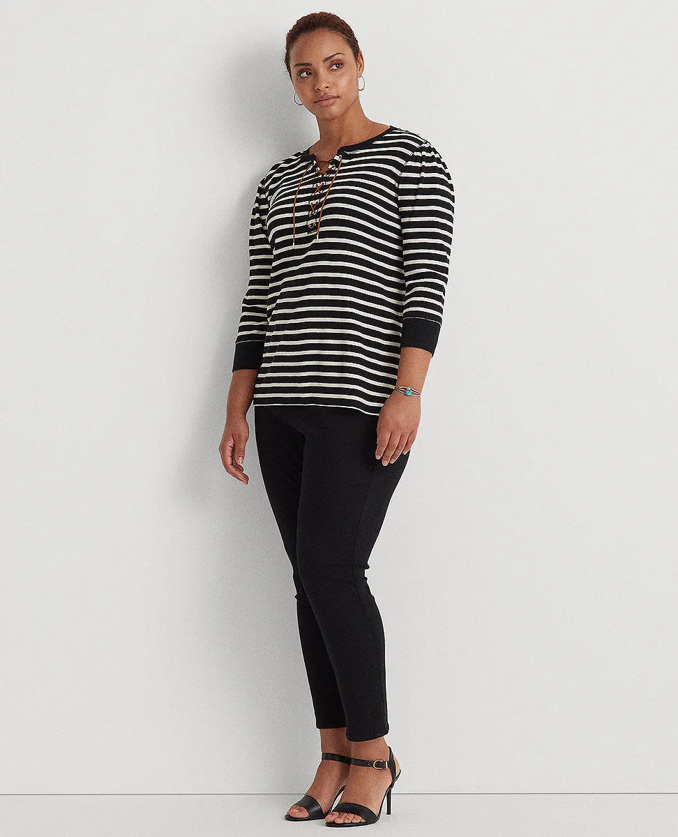 Woman Striped Lace-Up Waffle-Knit Top In Black/Cream