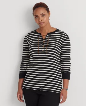 Woman Striped Lace-Up Waffle-Knit Top In Black/Cream