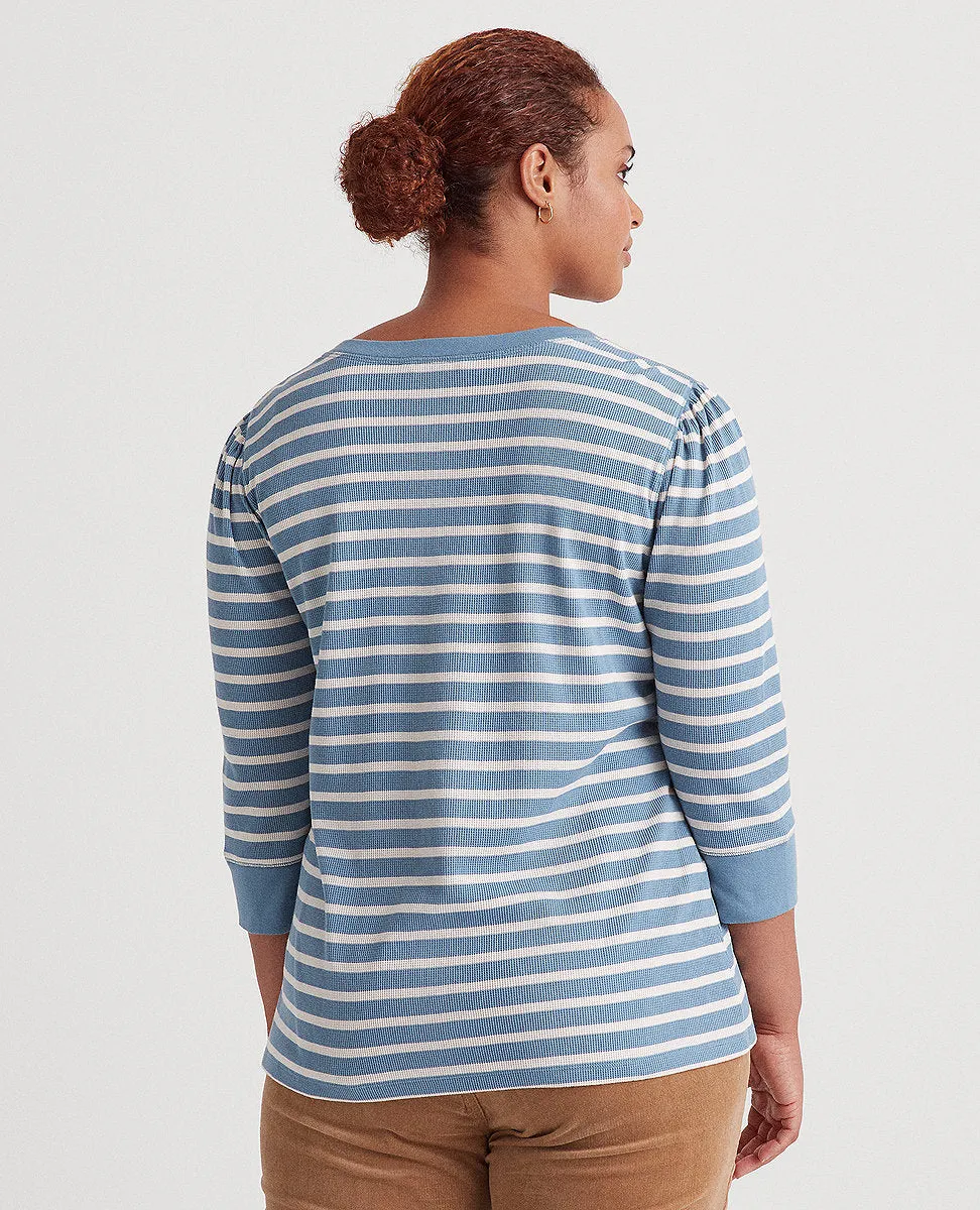 Woman Striped Lace-Up Waffle-Knit Top In Blue/Cream