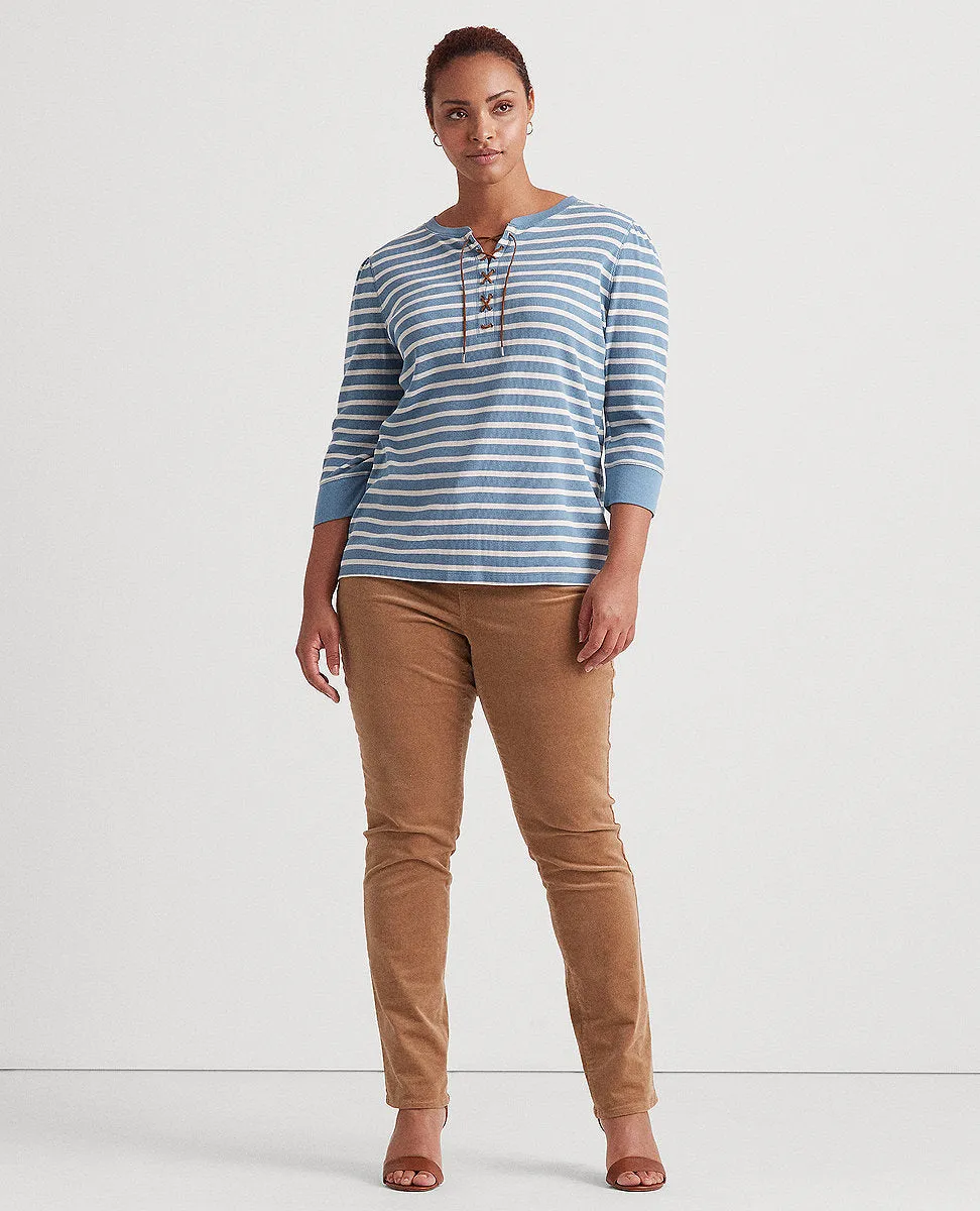 Woman Striped Lace-Up Waffle-Knit Top In Blue/Cream