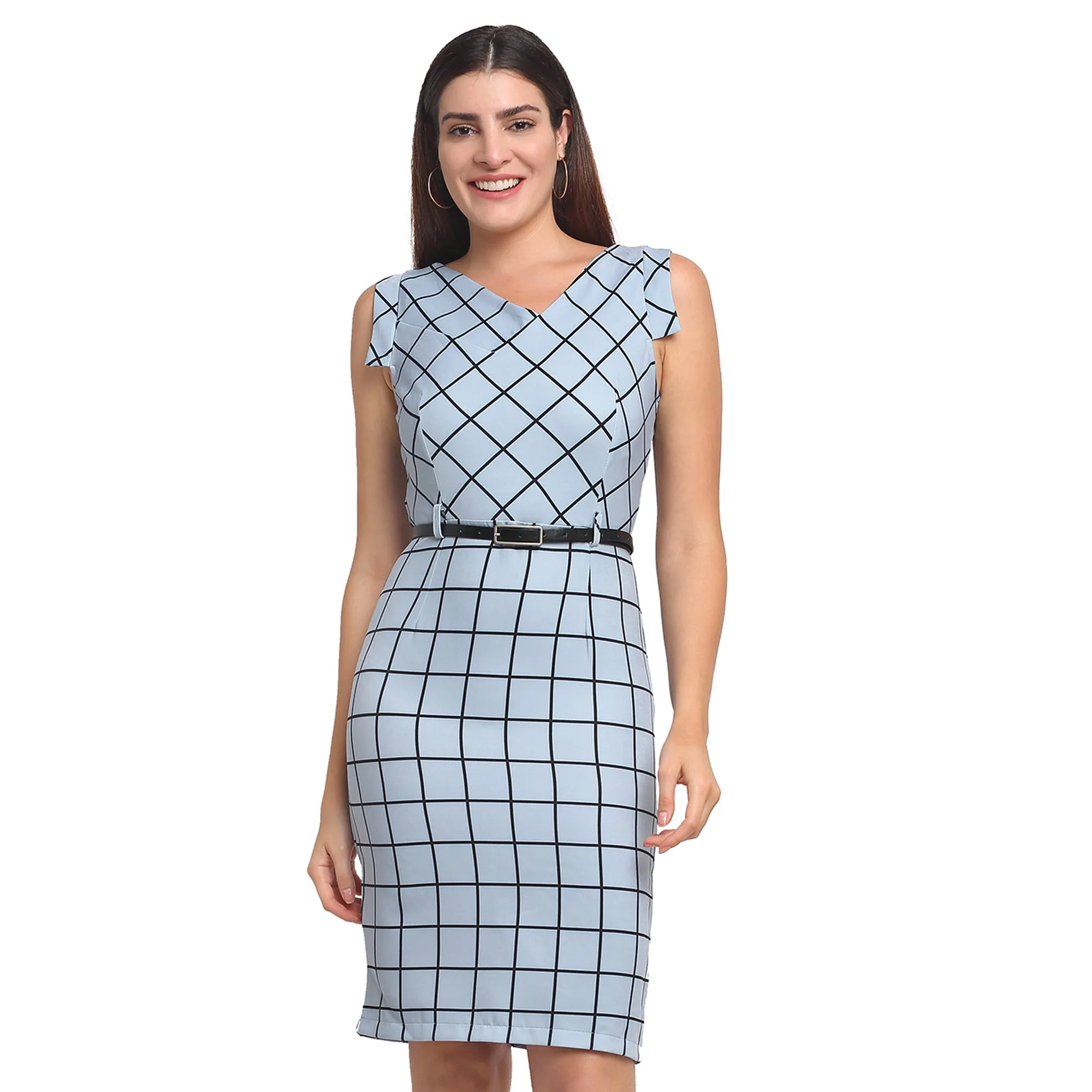 Women Blue Check Knee Length Dress
