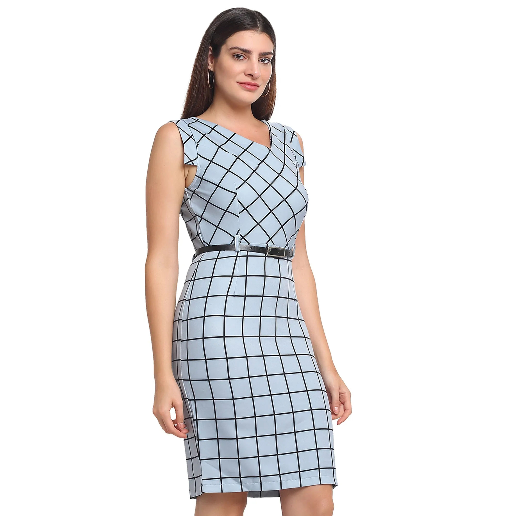 Women Blue Check Knee Length Dress