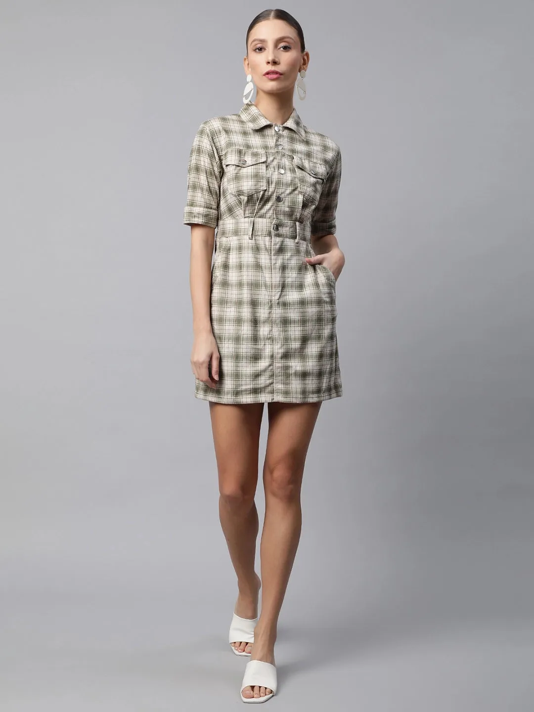 Women Green Checkered corduroy Shift Dress With Pockets
