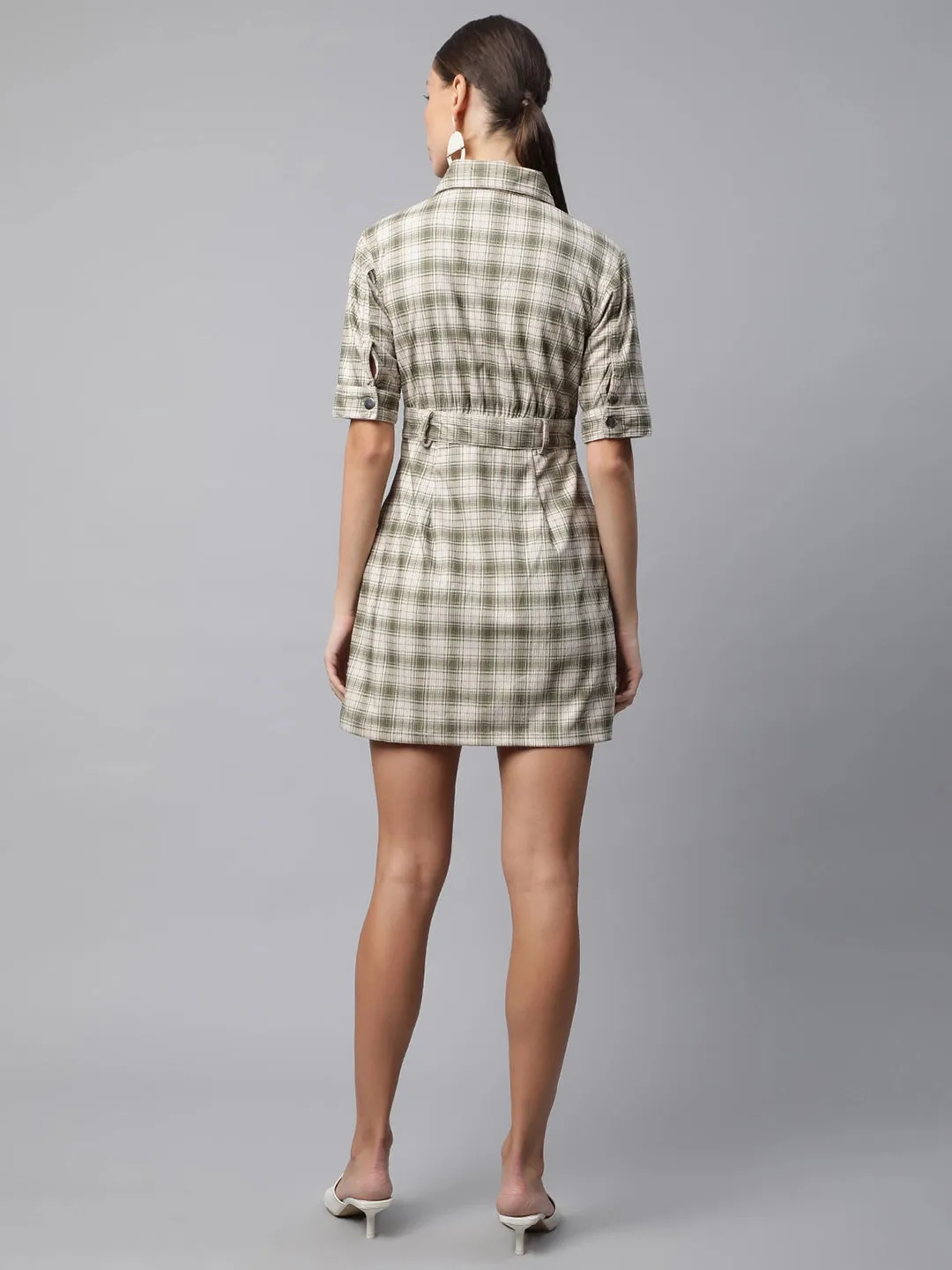 Women Green Checkered corduroy Shift Dress With Pockets