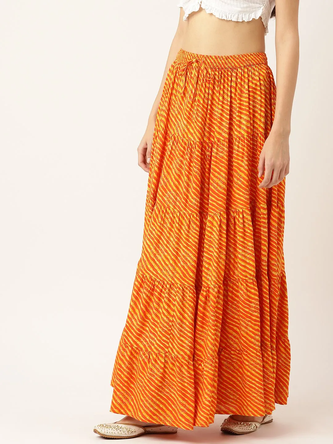 Women Leheriya Striped Tiered Cotton Maxi Skirt
