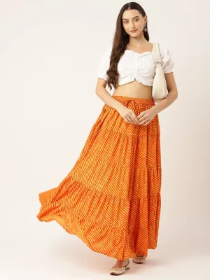 Women Leheriya Striped Tiered Cotton Maxi Skirt