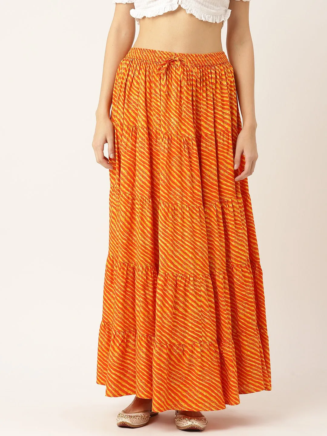 Women Leheriya Striped Tiered Cotton Maxi Skirt