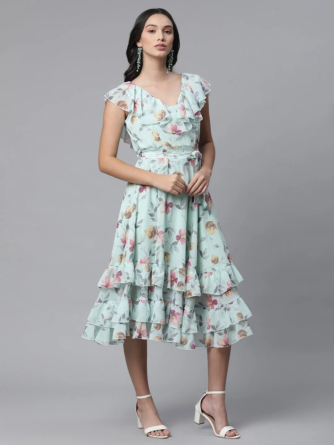 Women Ocean Green Floral Printed Dress