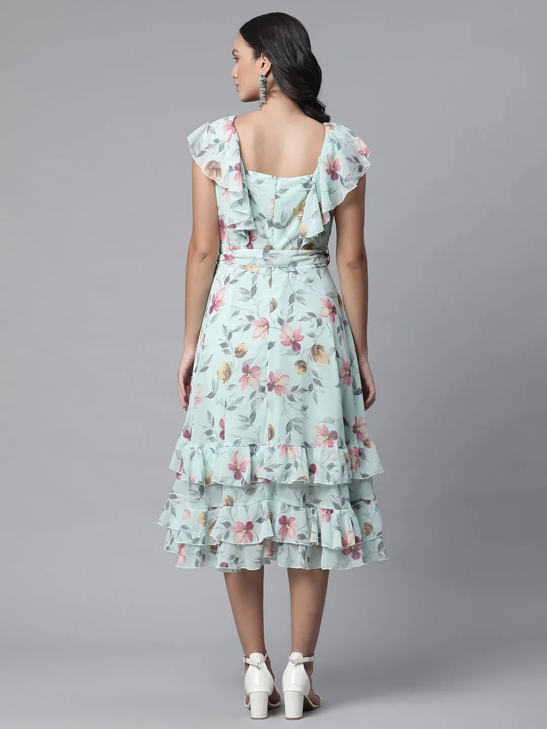 Women Ocean Green Floral Printed Dress