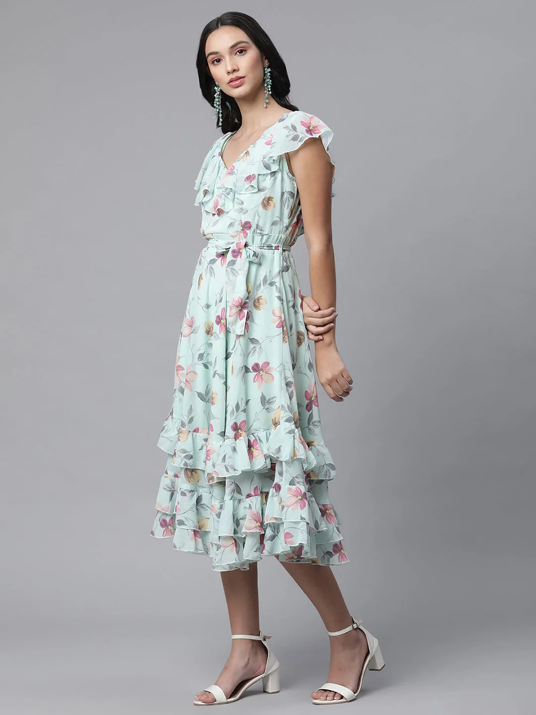Women Ocean Green Floral Printed Dress