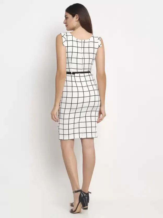 Women White Check Knee Length Dress