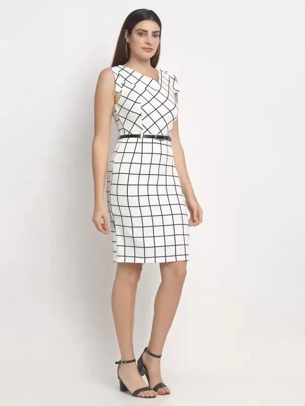 Women White Check Knee Length Dress