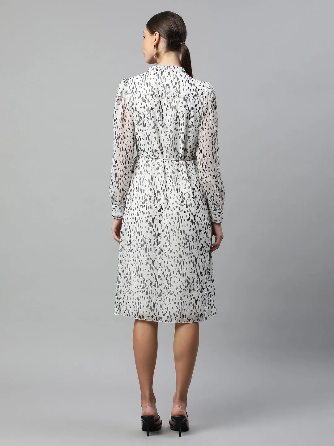 Women White Mandarin Collared Black Polka Dots Dress