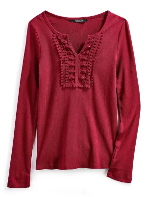 Women's Open V Neck Knit Top With Crochet And Jewel Trim Shirt
