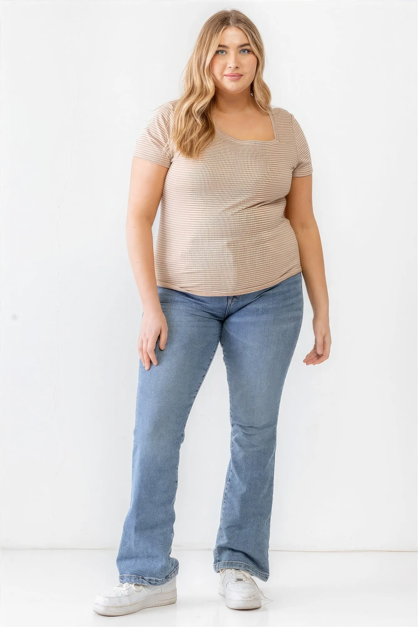 Women's Plus Taupe Waffle Knit Angled Neck Short Sleeve Top