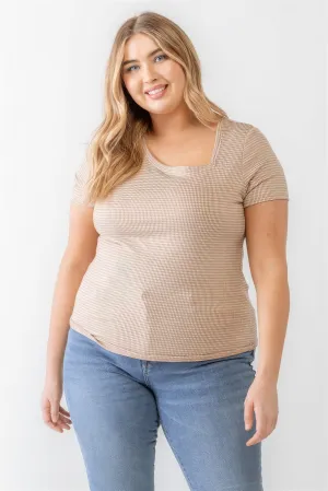 Women's Plus Taupe Waffle Knit Angled Neck Short Sleeve Top
