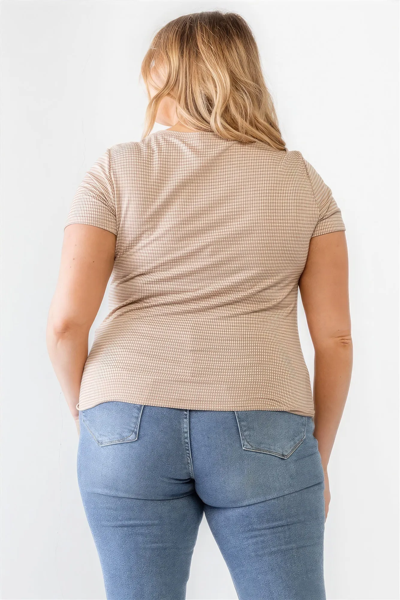 Women's Plus Taupe Waffle Knit Angled Neck Short Sleeve Top