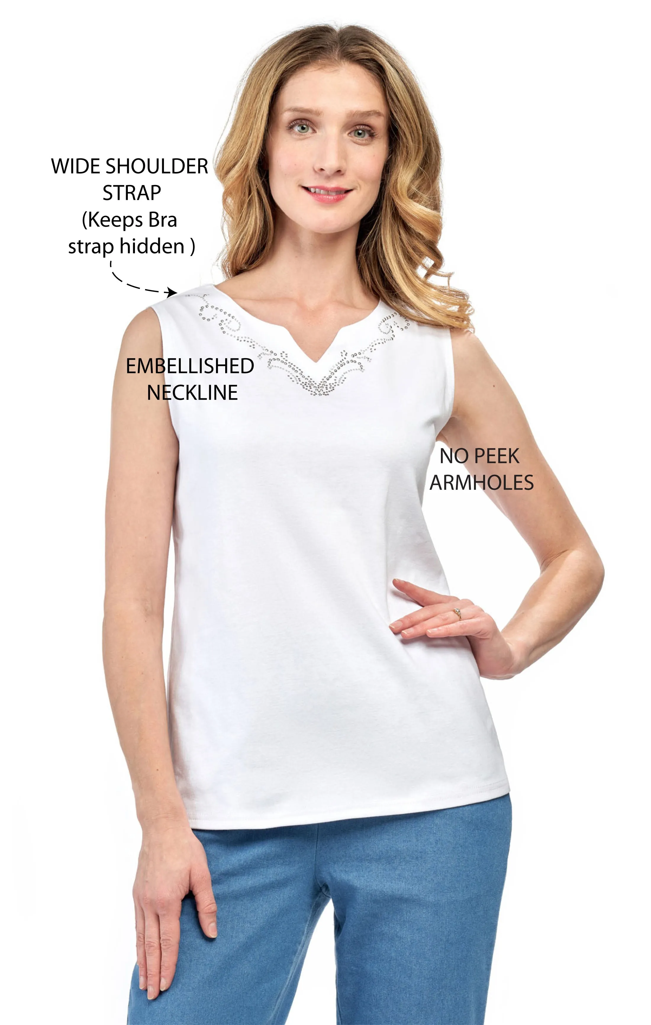 Women's Rhinestone Notch V Neck Knit Tank