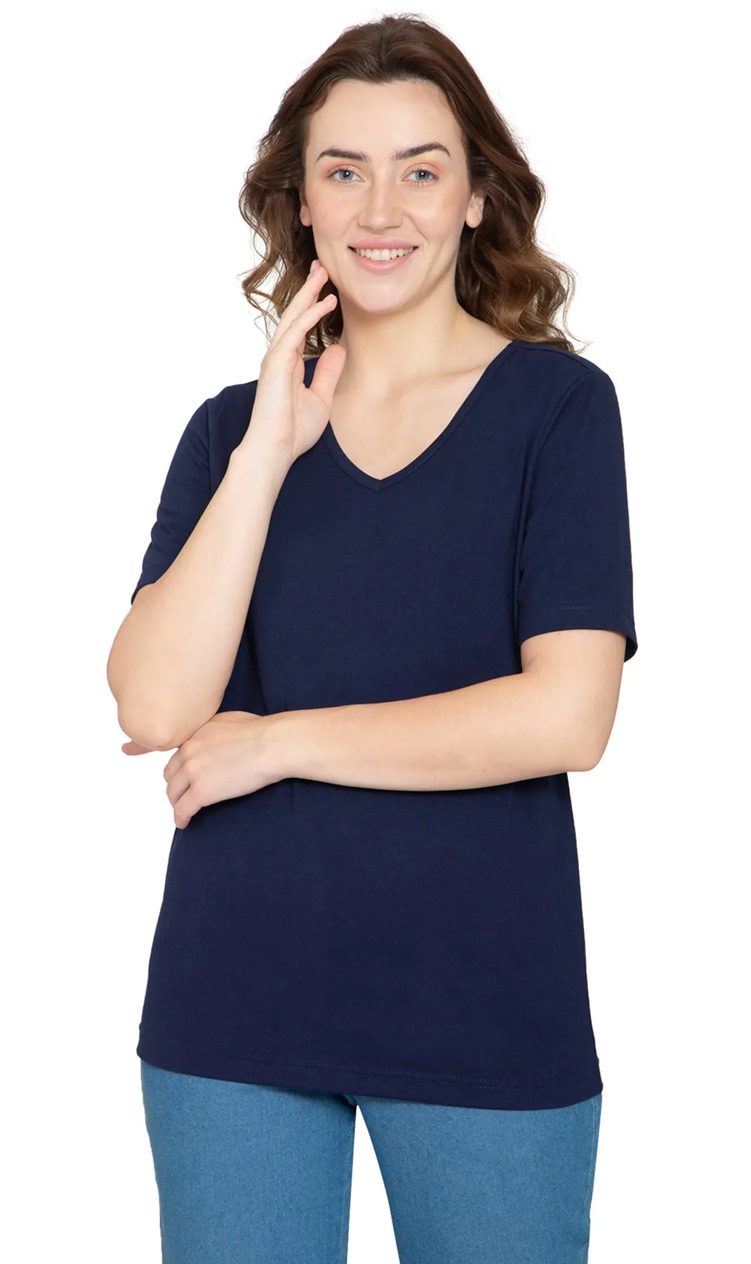 Women's V Neck Knit Tee– Hits at the Hip for Longer Coverage and a Sleeker Fit