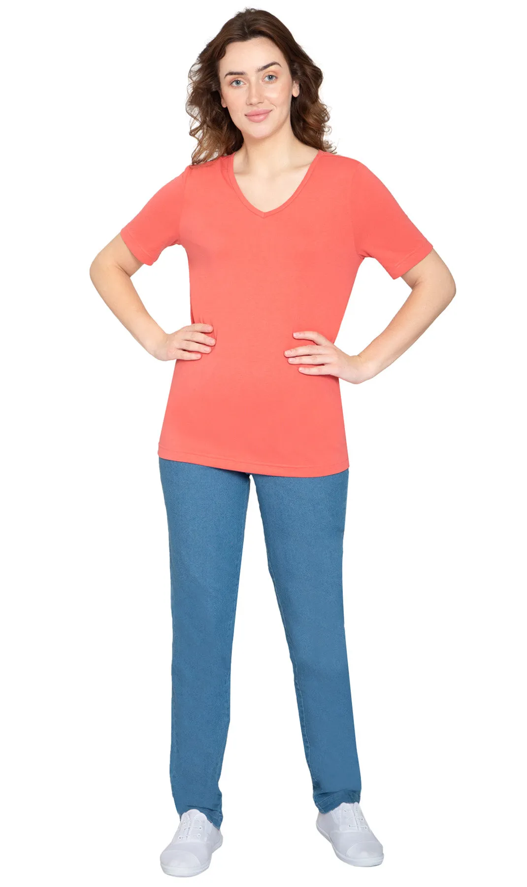 Women's V Neck Knit Tee– Hits at the Hip for Longer Coverage and a Sleeker Fit
