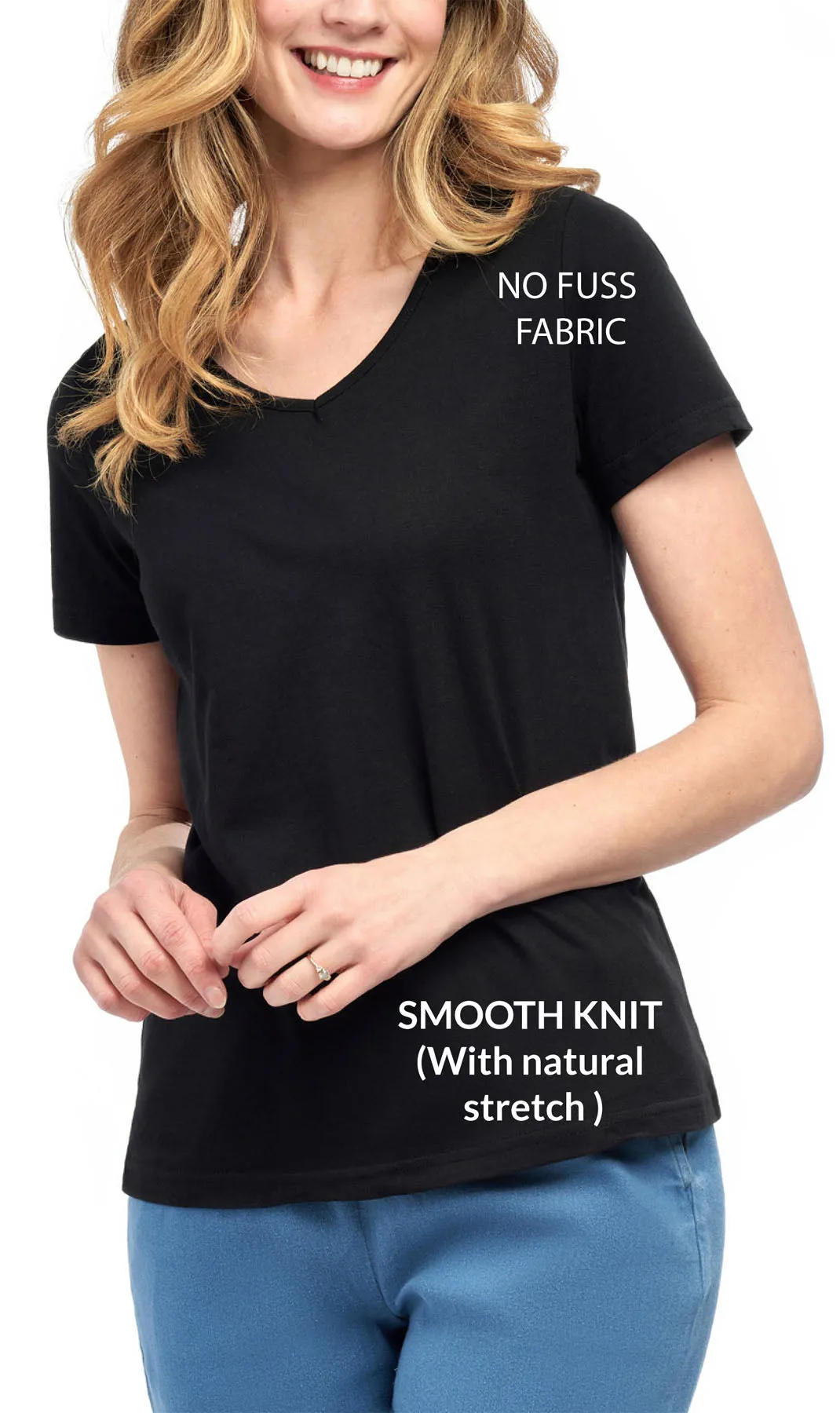Women's V Neck Knit Tee– Hits at the Hip for Longer Coverage and a Sleeker Fit