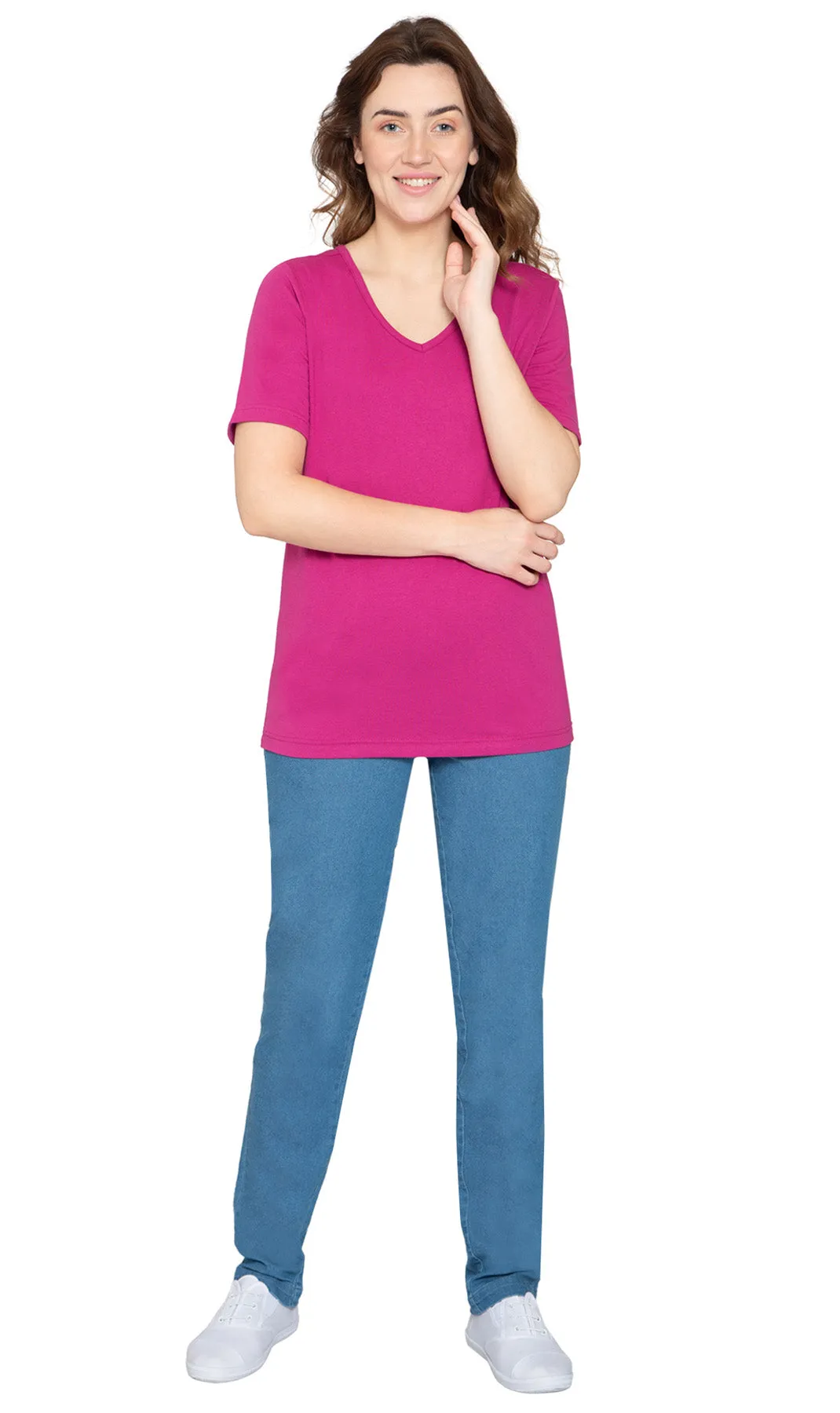Women's V Neck Knit Tee– Hits at the Hip for Longer Coverage and a Sleeker Fit