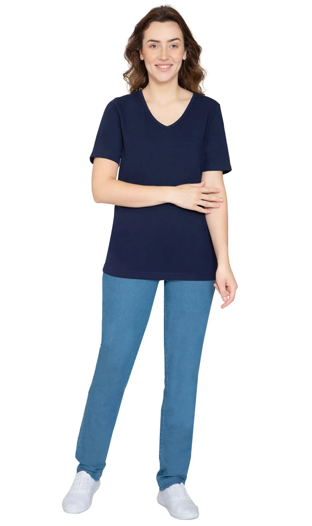 Women's V Neck Knit Tee– Hits at the Hip for Longer Coverage and a Sleeker Fit