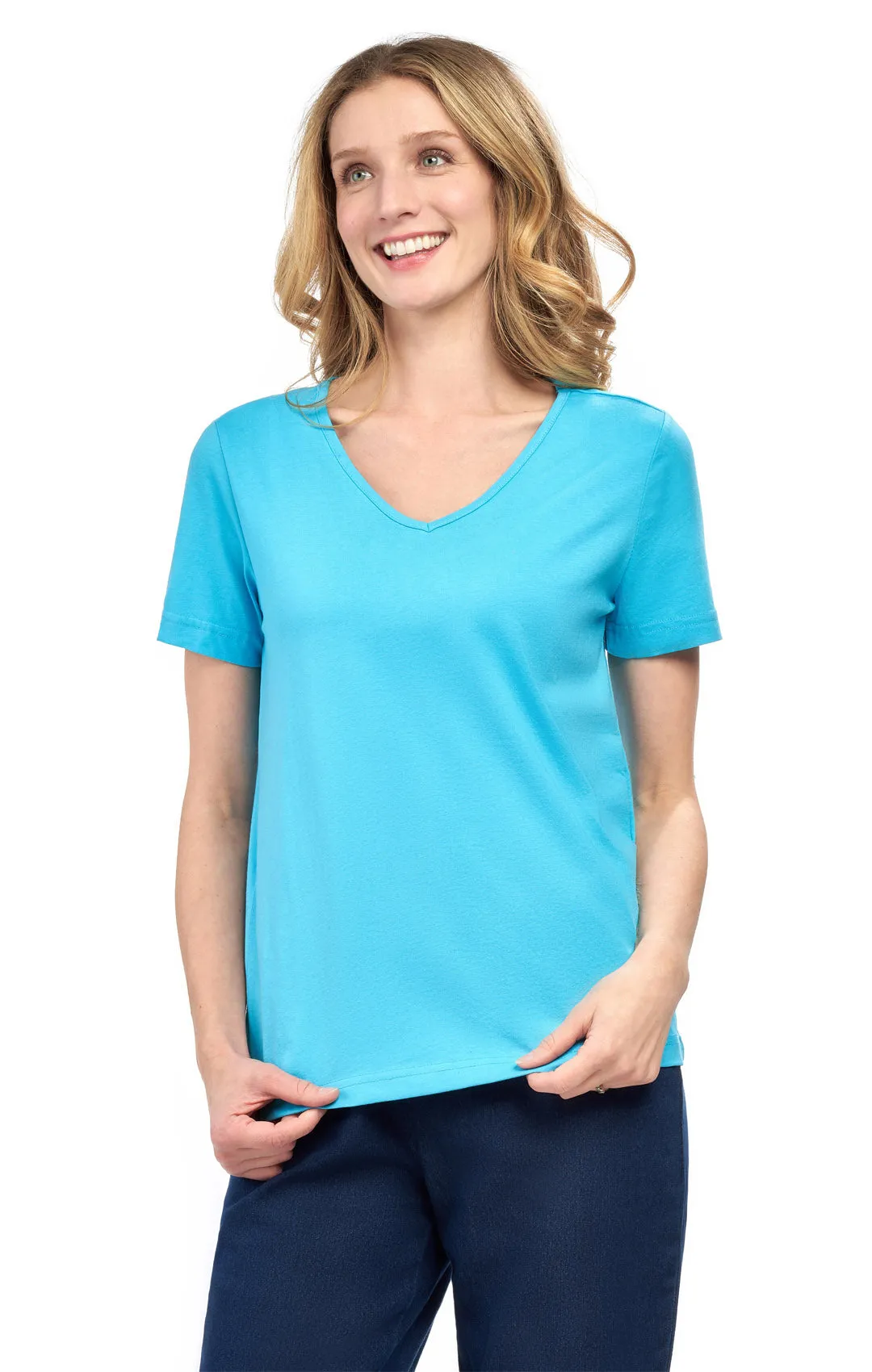 Women's V Neck Knit Tee– Hits at the Hip for Longer Coverage and a Sleeker Fit