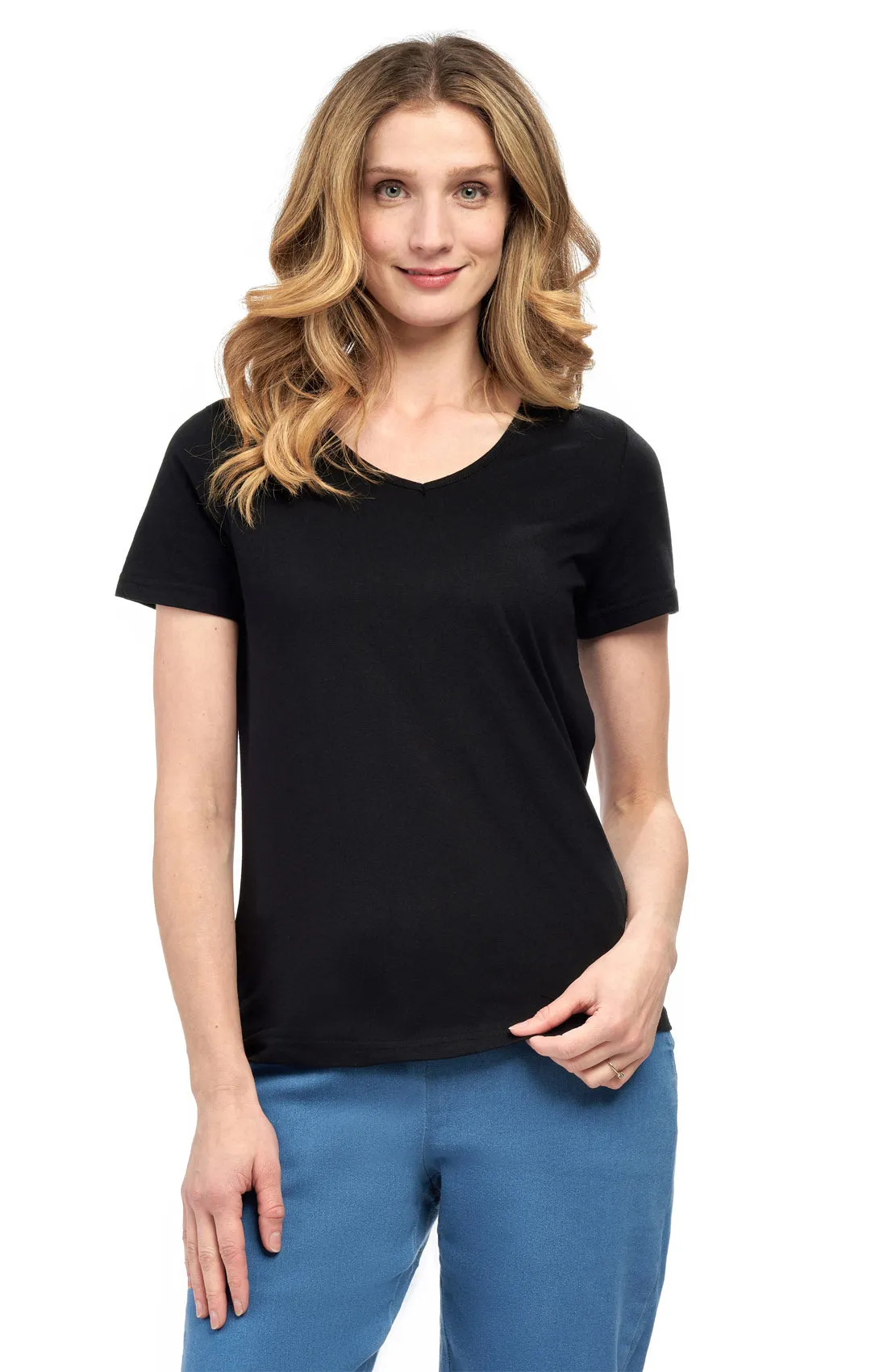 Women's V Neck Knit Tee– Hits at the Hip for Longer Coverage and a Sleeker Fit