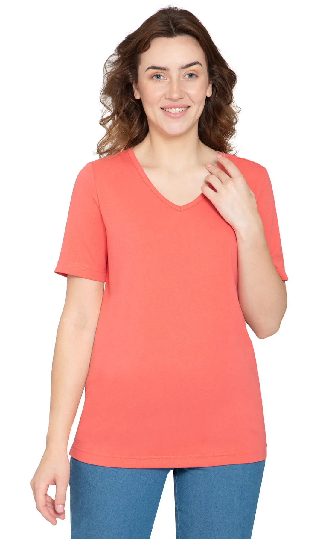 Women's V Neck Knit Tee– Hits at the Hip for Longer Coverage and a Sleeker Fit