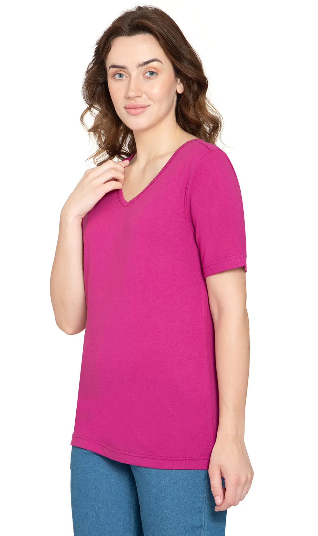 Women's V Neck Knit Tee– Hits at the Hip for Longer Coverage and a Sleeker Fit